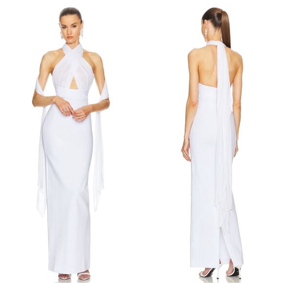 Helsa Amber Sheer Mesh Halterneck Tie Bodycon White Maxi Dress Size Medium - Picture 1 of 11